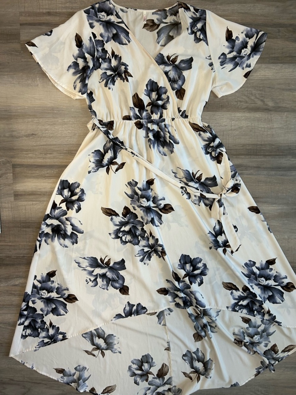 Floral Wrap Midi Dress - Ivory with Navy & Brown Floral